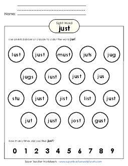 Dab or Color: Just Sight Words Individual Worksheet