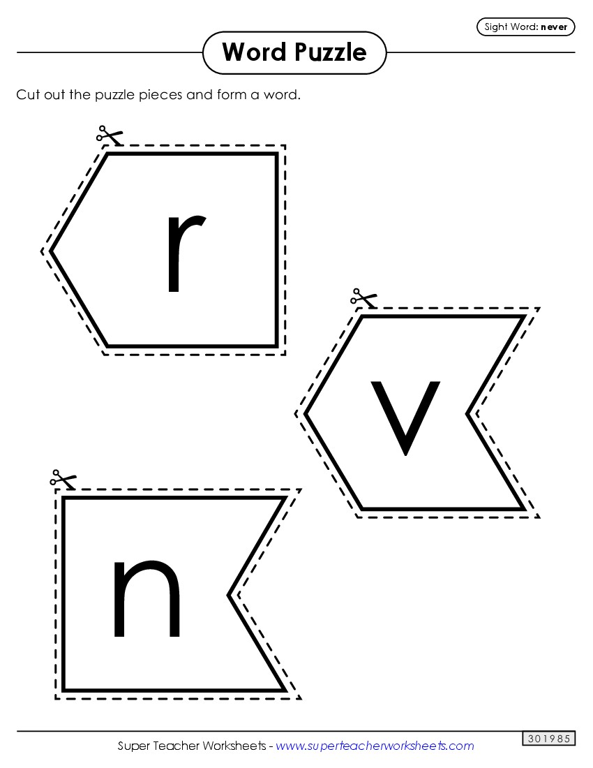 Word Puzzle: Never Sight Words Individual Worksheet