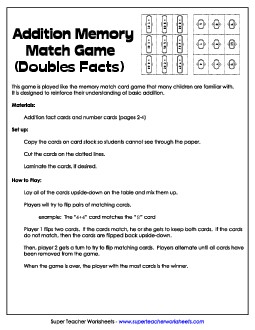 Memory Match Card Game: Addition Doubles Facts Worksheet