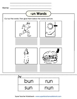 Cut and Glue (-un) Word Families Worksheet