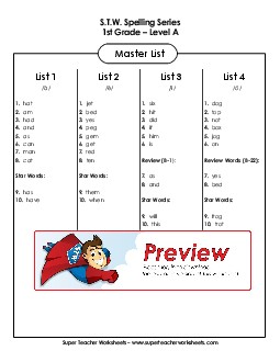 Spelling Master List (Level A) Spelling A Worksheet