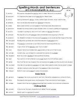 Spelling Test Sentences (E-10) Spelling E Worksheet