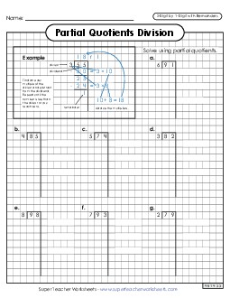 Partial Quotients (Graph Paper) 2-Digit by 1-Digit Division (with Remainders) Worksheet