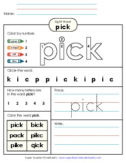 Worksheet 4: Pick Sight Words Individual Worksheet