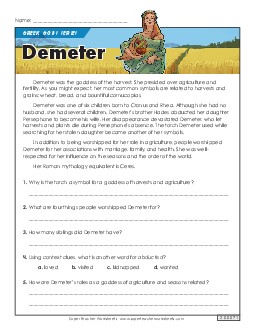 Greek Gods Series: Demeter Reading Comprehension Reading Comp Short Worksheet