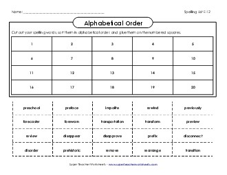 ABC Order: Cut-Glue (E-12) Spelling E Worksheet