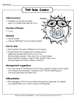 Sunshine Sum Game Addition Sum Game Worksheet