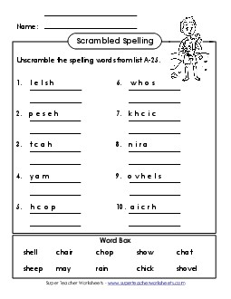 Word Unscramble (A-25) Spelling A Worksheet