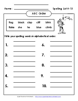 ABC Order: Write List (A-13)  Spelling A Worksheet