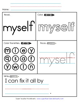 Worksheet 1: Myself Sight Words Individual Worksheet