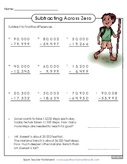 5-Digit Subtraction (Across Zero) Worksheet