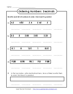 Ordering Worksheet (Hundredths) Comparing Numbers Worksheet