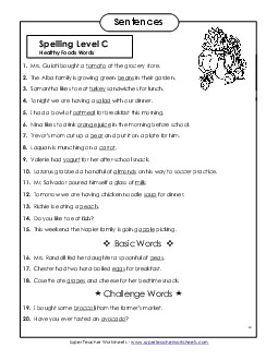 Spelling Test Sentences (Healthy Foods)  Spelling C Worksheet