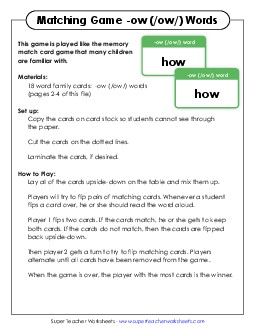 Memory Match Game (-ow) Word Families Worksheet