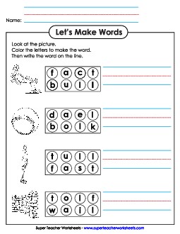 Color the Letters & Write (-all) Word Families Worksheet