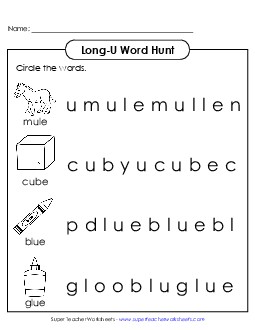 Long U: Horizontal Word Hunt (Illustrated) Phonics Long Short U Worksheet