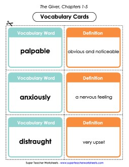 Vocabulary Cards for Chapters 1-5 Book The Giver Worksheet