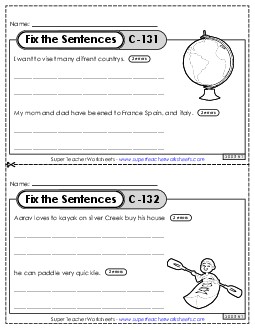 Fix the Sentences C-131 through C-135 Worksheet