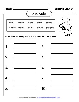 ABC Order: Write List (A-24) Spelling A Worksheet