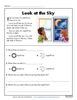 Look at the Sky (Short Article) 1st Grade Reading Comprehension Reading Comp Short Worksheet