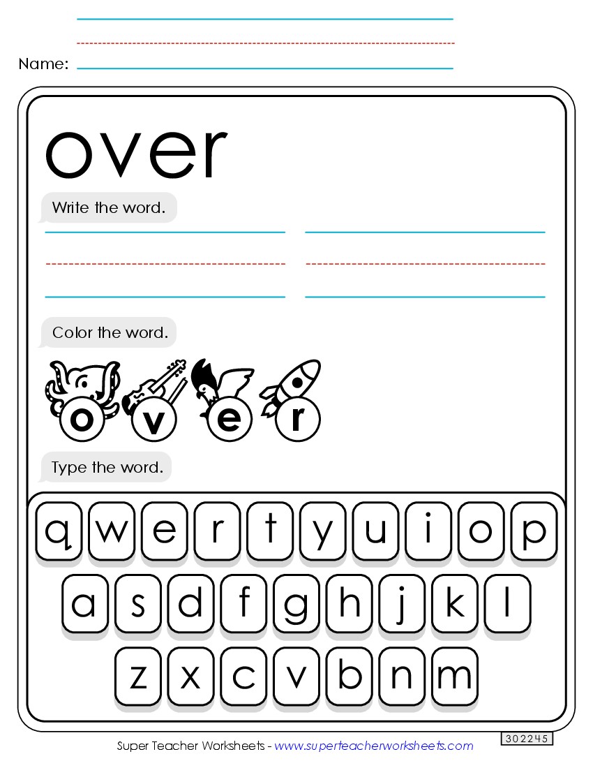 Write, Color, Type: Over Sight Words Individual Worksheet