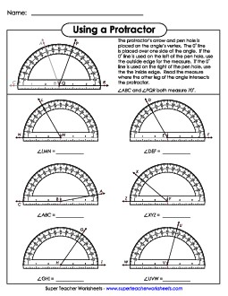 Using a Protractor 4th Grade Math Worksheet