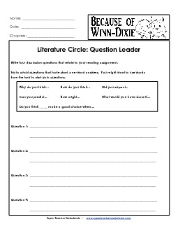 Lit. Circle: Question Leader Free Book Because Of Winn Dixie Worksheet