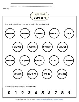 Dab or Color: Seven Sight Words Individual Worksheet