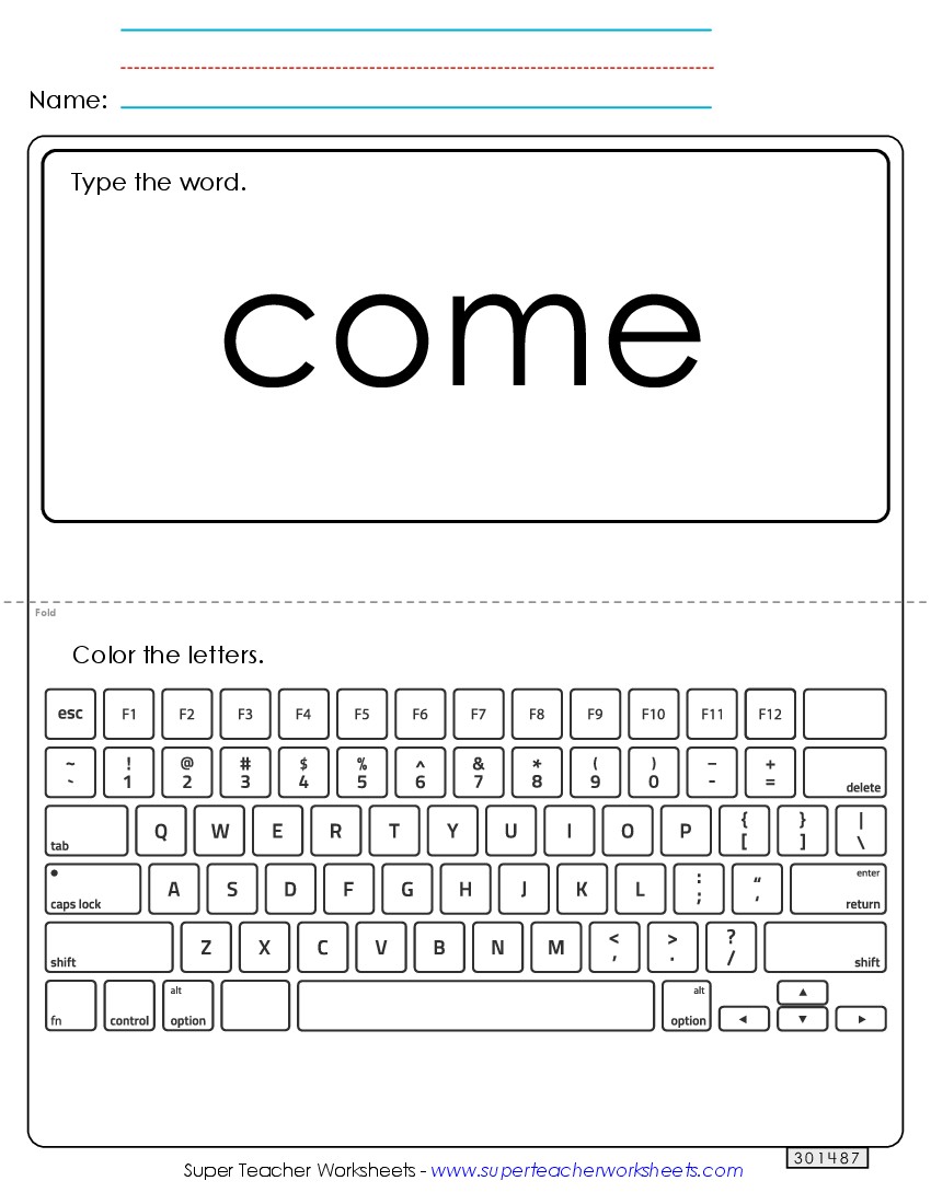 Type the Word: Come Sight Words Individual Worksheet