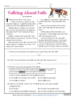 Talking About Tails 3rd Grade Reading Comprehension Reading Comp Short Worksheet