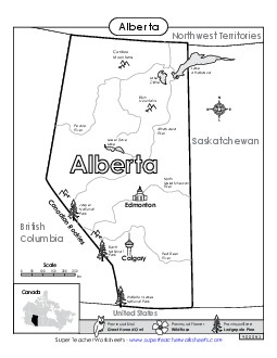 Alberta Map (Black and White) Canada Worksheet