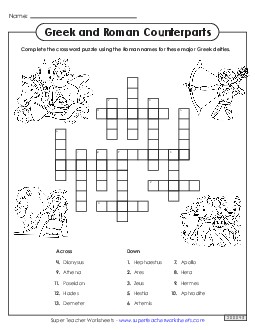 Crossword Puzzle: Greek Deities and Their Roman Counterparts Greek Mythology Worksheet