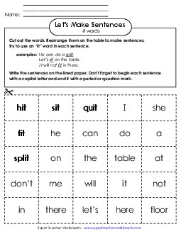 Make Sentences: Word Cards (-it) Word Families Worksheet