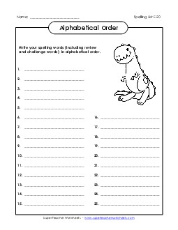 ABC Order: Write List (E-20) Free Spelling E Worksheet