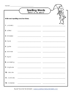 Write Words Twice (E-2) Free Spelling E Worksheet