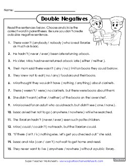 Double Negatives: Circle the Correct Word Worksheet 2 Worksheet