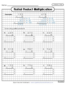 Partial Products Graph Paper (3-Digit by 1-Digit) Multiplication Worksheet