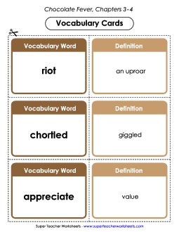 Vocabulary Cards for Chapters 3-4 Book Chocolate Fever Worksheet