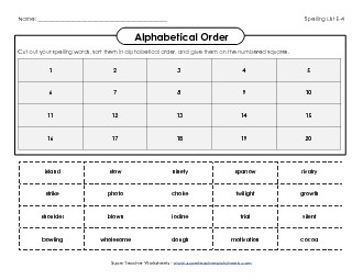 Alphabetical Order: Cut and Glue (E-4) Spelling E Worksheet