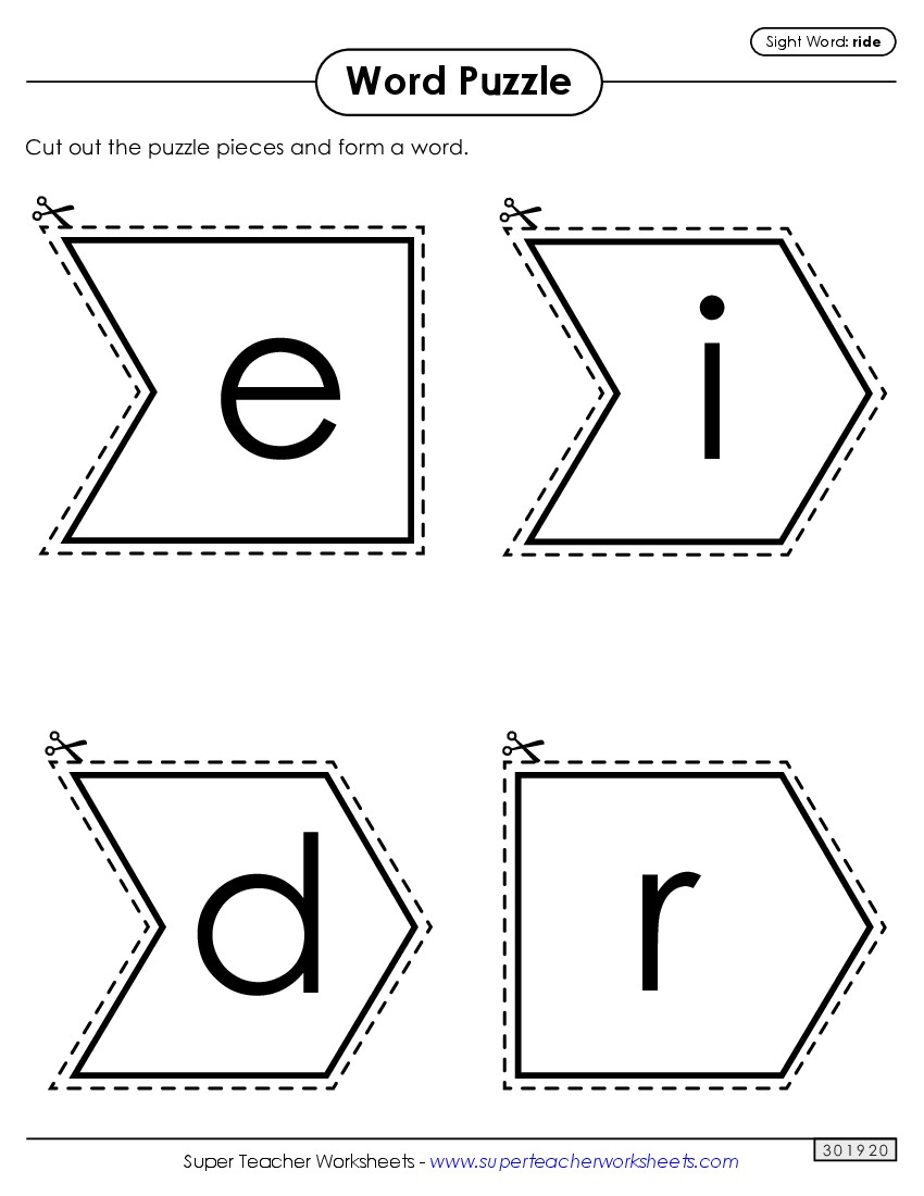 Word Puzzle: Ride Sight Words Individual Worksheet