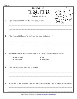 Questions for Chapters 11-13 Book Bridge To Terabithia Worksheet