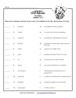 Vocabulary Match: Chapters 10 - 12 Book The Cricket In Times Square Worksheet