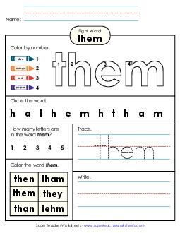 Worksheet 4: Them Sight Words Individual Worksheet