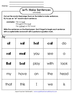 Make Sentences: Word Cards (-at) Word Families Worksheet