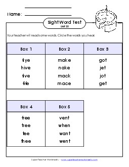 Whole Class Test (Unit 20) Sight Words Worksheet