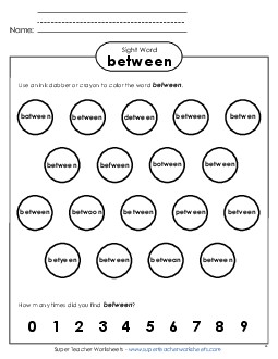 Dab or Color: Between Sight Words Individual Worksheet