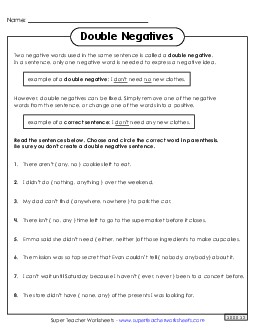 Double Negatives: Circle the Correct Word Worksheet 1 Free Worksheet