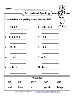 Word Unscramble (A-29) Spelling A Worksheet