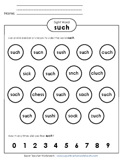 Dab or Color: Such Sight Words Individual Worksheet