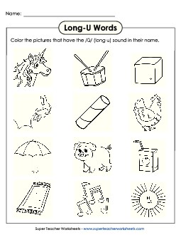 Color Long U Pictures Phonics Long Short U Worksheet